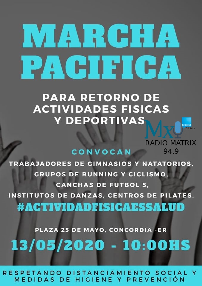 LOS GIMNASIOS Y LA ACTIVIDAD FISICA DE CONCORDIA MARCHAN A LA PLAZA ESTE MIERCOLES POR LA REANUDACION DE LAS ACTIVIDADES